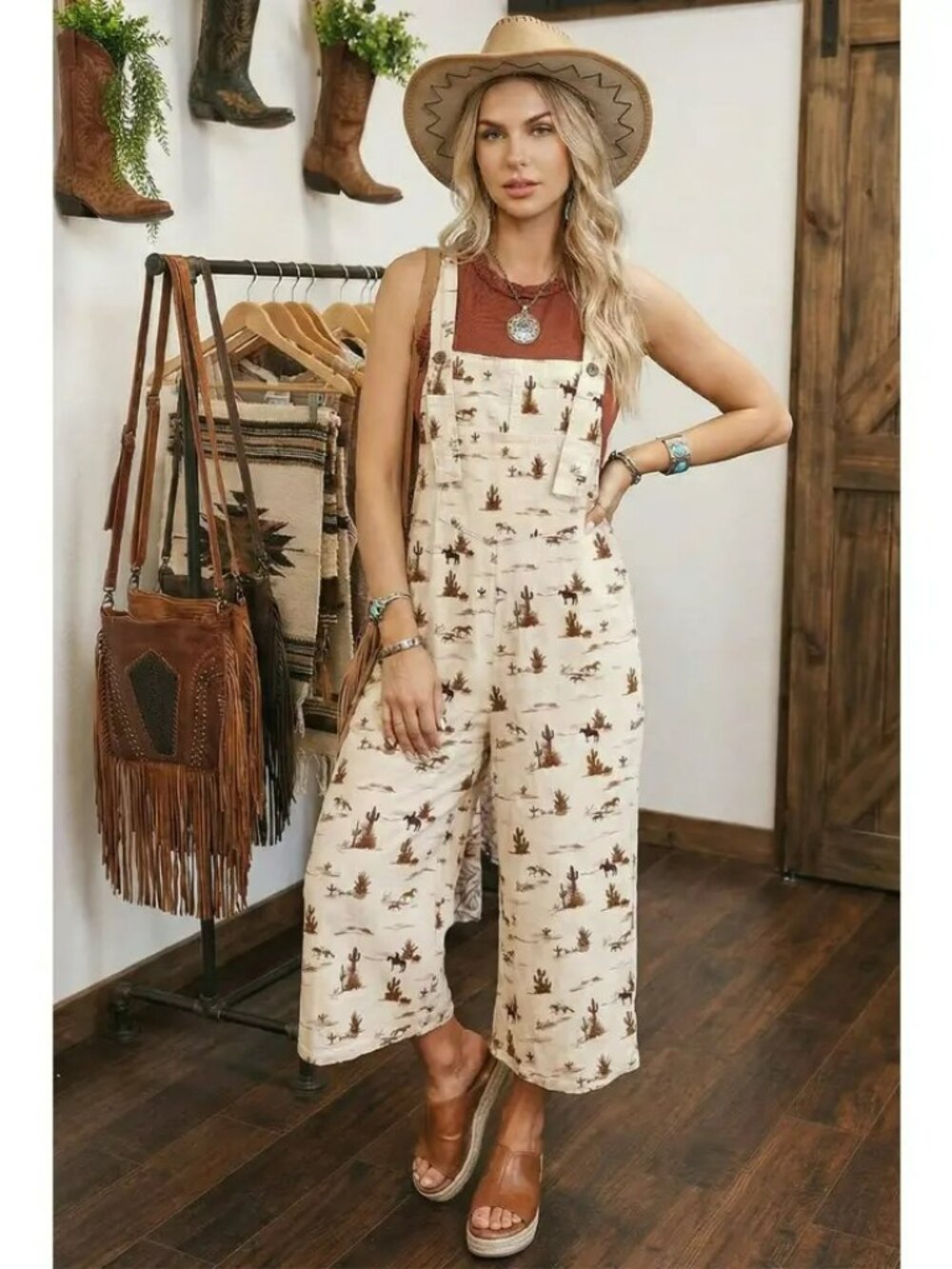 Western Button Adjustable Straps Loose Jumpsuit NEW